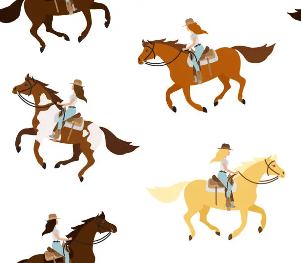 Vector illustration of Vector seamless pattern of different color flat western cowboy girl woman riding running horse