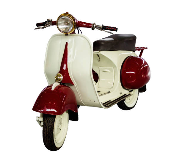 istock Vintage white and red motor scooter isolated on white 1319120803