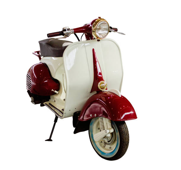 istock Vintage white and red motor scooter isolated on white 1319120811
