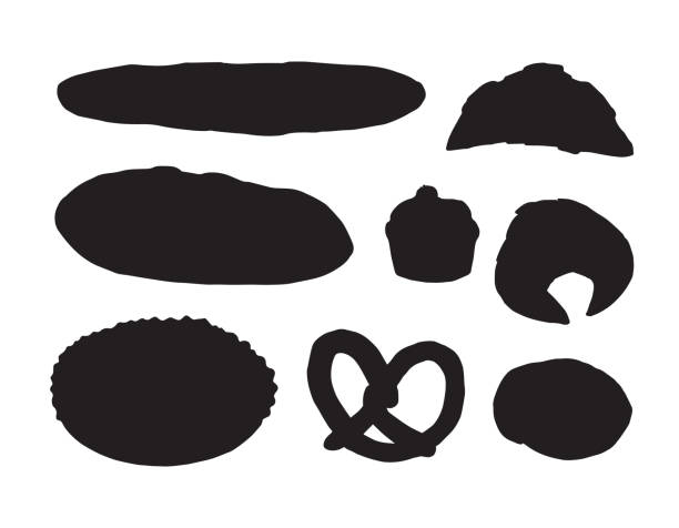 Vector set bundle of hand drawn bakery bread and buns silhouette Vector set bundle of hand drawn bakery bread and buns silhouette isolated on white background bread silhouettes stock illustrations