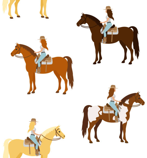 ilustraciones, imágenes clip art, dibujos animados e iconos de stock de vector patrón sin costuras de diferentes vaquero plano mujer chica montando a caballo occidental - asian ethnicity pattern textile seamless