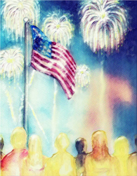 menschenmenge, die feuerwerkskörper unter der us-flagge anschaut - american flag fourth of july watercolor painting painted image stock-grafiken, -clipart, -cartoons und -symbole