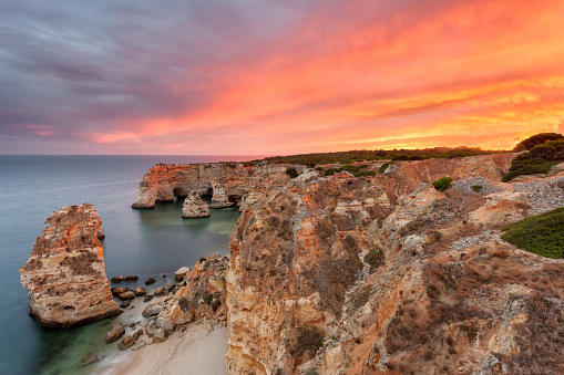 Ponta da Piedade beach in the Algarve is located on the south coast of Portugal and is considered one of the most beautiful beaches in the world. Amazing landscape at sunrise