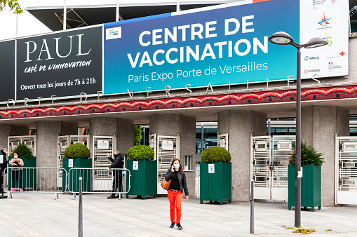 Vaccination center in France :  First covid-19 vaccinodrome in Paris, Porte de Versailles, France. May 20, 2021