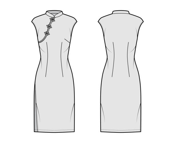 Dress qipao cheongsam technical fashion illustration with short sleeves, fitted body, knee length pencil skirt. Flat Dress qipao cheongsam technical fashion illustration with short sleeves, fitted body, knee length pencil skirt. Flat apparel front, back, grey color style. Women, men unisex CAD mockup maxi length stock illustrations