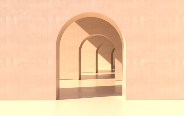 istock 3d rendering. Arch hallway simple geometric background, architectural corridor, portal, arch columns inside empty wall. Modern minimal concept 1319134534