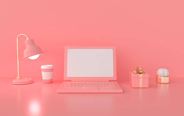 istock Laptop, lamp, cactus, coffee and present box 3d rendering. Remote work, freelance, work space, lockdown, stay at home, online shopping concept. 1319134597