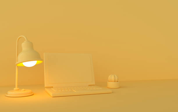 istock Laptop, lamp, cactus 3d rendering. Remote work, freelance, work space, lockdown, stay at home concept. Top view 1319134615