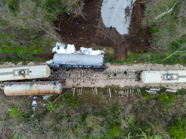 Aerial view of derailed train