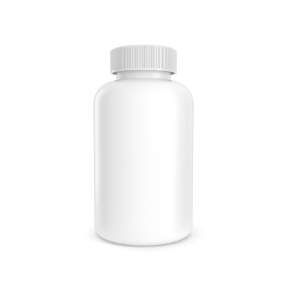 Blank white pill supplement medicine bottle, on white background, realistic