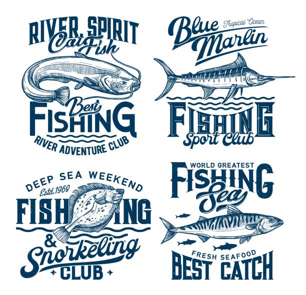 Fishing and snorkeling club marine t-shirt prints Fishing and snorkeling club marine t-shirt prints with fishes and sea waves, vector. Marine fish catch sport and river adventure club quotes of ocean spirit and deep sea, blue grunge t-shirt prints catfish stock illustrations