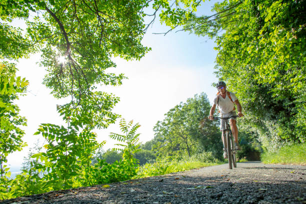 istock Man mountain bikes through lush green forest 1319142433
