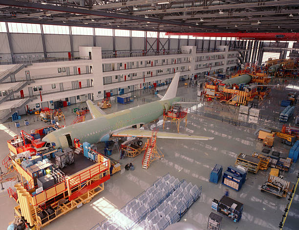 Aircraft assembly line stock photo