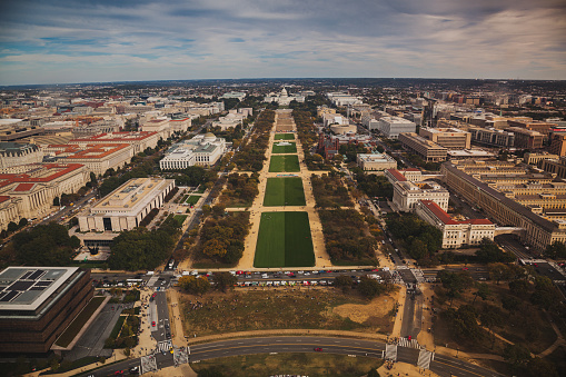 Washington DC from 500 foot height. Aerial view of downtown Washington, DC including the National Museum of African American History and Culture, The United States Capitol, Smithsonian National Museum of Natural History, National Gallery of Art, Hirshhorn Museum, Smithsonian National Air and Space Museum, National Museum of the American Indian. Evening. October 19, 2019. Washington DC. USA