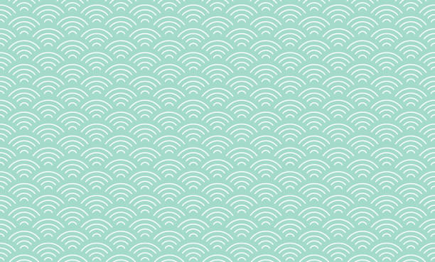 Japanese Wave Pattern On Mint Green Background. Traditional Seigaiha Seamless Pattern Repeat For Fabric, textiles, Home Décor, Scrapbooking, Wallpaper. Japanese Wave Pattern On Mint Green Background. Traditional Seigaiha Seamless Pattern Repeat For Fabric, textiles, Home Décor, Scrapbooking, Wallpaper. scallop stock illustrations