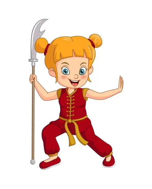 Vector illustration of Cartoon wushu girl with glaive