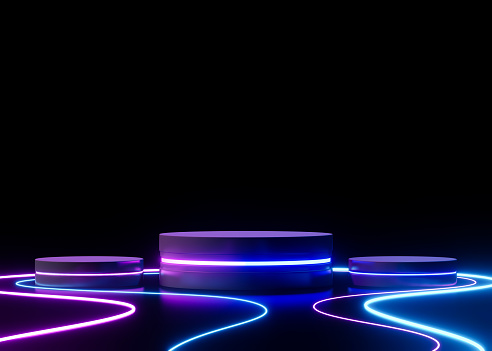 3d rendering empty neon cylinder podiums on dark background.