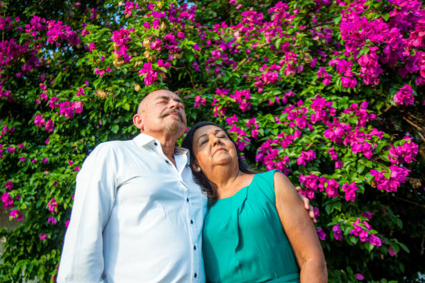 Older adult couple under a buganvilia tree Elderly couple under a bougainvillea tree buganvilia stock pictures, royalty-free photos & images