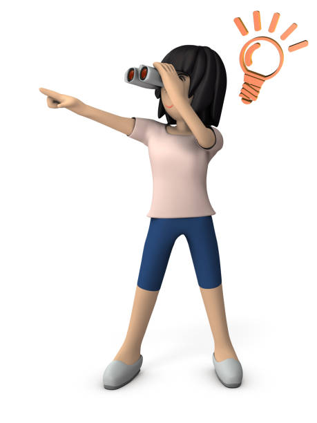 istock A young woman looking into binoculars. She is curious.  white background. 1319149430