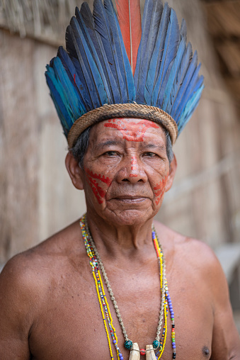 Manaus, Amazonas, Brazil - March 02, 2019: Portrait of an old Brazilian Indian.