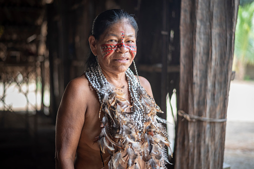 Manaus, Amazonas, Brazil - March 02, 2019: Beautiful Brazilian Indian in her village posing for a photo