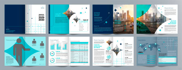 Annual report 16 page 165 Corporate business presentation guide brochure template, Annual report, 16 page minimalist flat geometric business brochure design template, A4 size. modern magazine layout stock illustrations