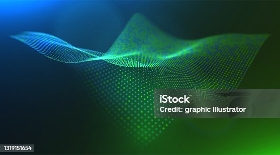 istock Dynamic green and blue dot landscape. Abstract digital wave background. Network data structure. Point grid visualization. Technology vector illustration. 1319151654