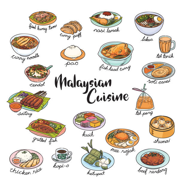 малайзийский набор значок питания - asian cuisine illustrations stock illustrations