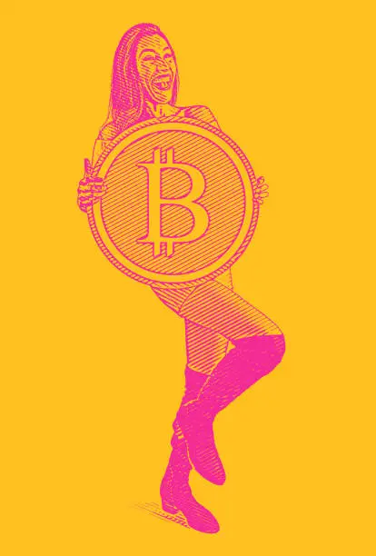 Vector illustration of Happy, successful businesswoman holding bitcoin