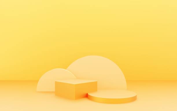 istock 3d rendering of empty yellow podium abstract minimal background. Scene for advertising design, cosmetic ads, show, technology, food, banner, cream, fashion, kid, luxury. Illustration. Product display 1319152453