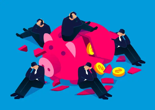 Vector illustration of Bankruptcy, financial crisis, investment failure, isometric frustrated desperate businessman sitting around broken piggy bank with his head in hands