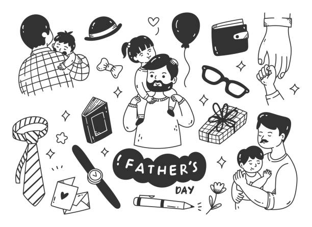 illustrazioni stock, clip art, cartoni animati e icone di tendenza di festa del papà carino doodle set - men doodle vector parent