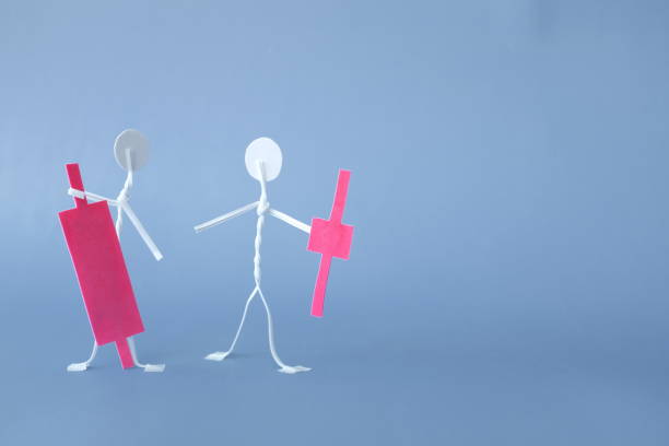 istock Human stick figure holding red candlestick pattern in dark blue background with copy space. Bearish market in stock market and crypto trading concept. 1319155225