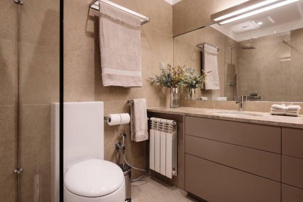 istock Bathroom and toilet simple interior design, brown colours 1319156018