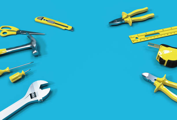 istock 3D Render, Many yellow hand tools on blue background, there is space for your ad. 1319156746