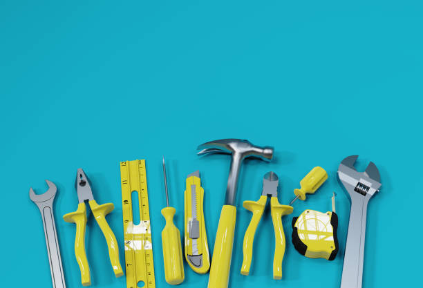render 3d, wiele żółtych narzędzi ręcznych na niebieskim tle, jest miejsce na reklamę. - screwdriver isolated blue work tool zdjęcia i obrazy z banku zdjęć