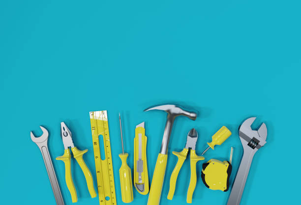 istock 3D Render, Many yellow hand tools on blue background, there is space for your ad. 1319156771