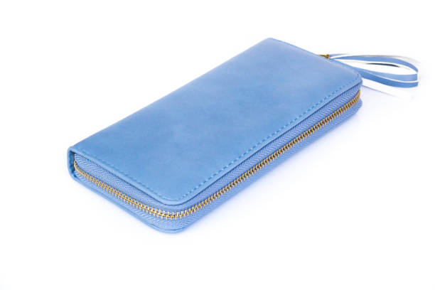 istock Closeup modern blue color woman wallet on white background 1319157559