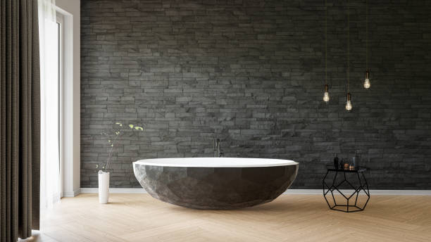 istock Grey bathroom interior with decorative objects, wooden floor and abstract bathtub. 3D-Illustration 1319159025
