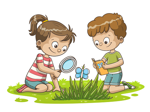 Boy and girl watching a butterfly. Hand drawn vector illustration with separate layers.