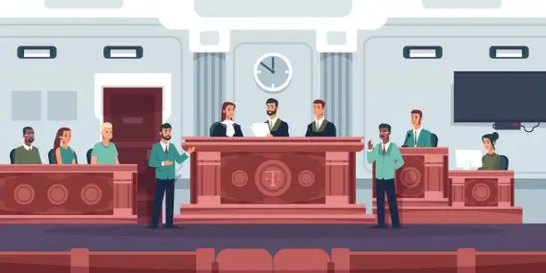 Vector illustration of Trial. Courtroom interior with judges and jury sitting at tables. Justice process. Advocate defends rights of accused. Prosecutor proves guilt of defendant. Vector lawyers debating