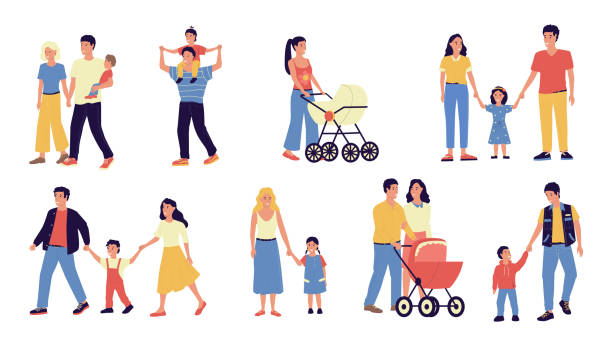 ilustraciones, imágenes clip art, dibujos animados e iconos de stock de familias. padres e hijos caminando juntos. las madres sostienen a los niños a mano. los padres llevan a los niños pequeños en carruajes para bebés. las parejas pasan tiempo con hijos o hijas. vector lindo escenas set - holding baby illustrations