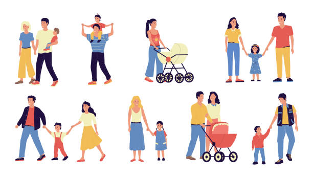 rodzin. rodzice i dzieci chodzą razem. matki trzymają dzieci za ręce. ojcowie niosą małe dzieci w wózkach dziecięcych. pary spędzają czas z synami lub córkami. wektor słodkie sceny zestaw - mother baby carriage women walking stock illustrations