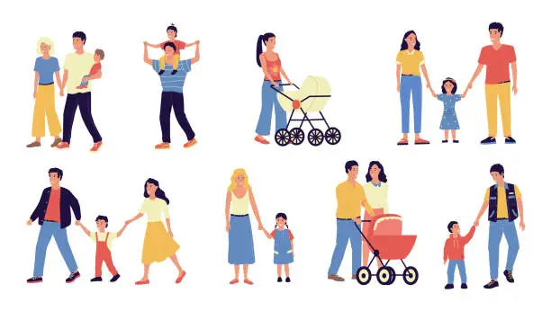 Vector illustration of Families. Parents and kids walking together. Mothers hold children by hands. Fathers carry toddlers in baby carriages. Couples spend time with sons or daughters. Vector cute scenes set