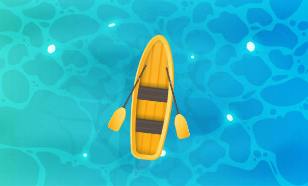 オアと黄色のボート。海のターコイズブルーの水面。上から見る。夏のポスター、ホワイエやはがきの背景。ベクトル。 - rafting nautical vessel river canoe点のイラスト素材／クリップアート素材／マンガ素材／アイコン素材