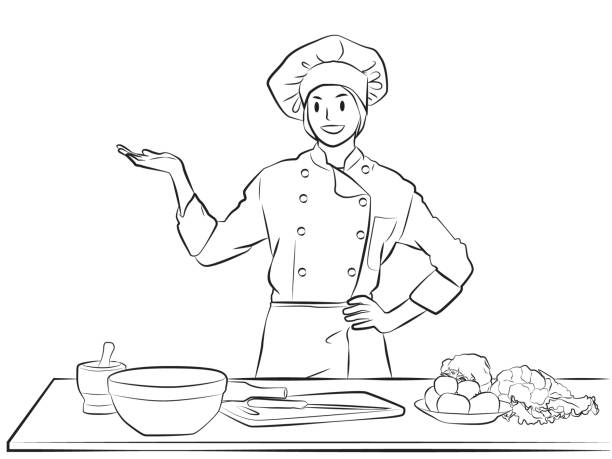 illustrations, cliparts, dessins animés et icônes de illutration de vecteur de lineart de pose de fille de chef - enseigne restaurant