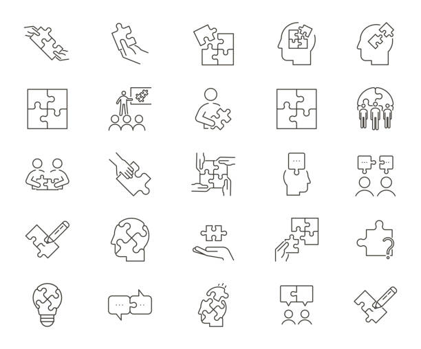 25 퍼즐 관련 아이콘의 세트. 솔루션, 비즈니스, 전략 및 창의적인 문제 및 솔루션과 관련된 벡터 씬 선 그래픽 요소 - solution jigsaw piece jigsaw puzzle problems stock illustrations