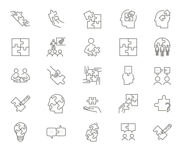 ilustrações de stock, clip art, desenhos animados e ícones de set of 25 puzzle related icons. vector thin line graphic elements related with solutions, business, strategies and creative problems and solutions - partnership cooperation teamwork puzzle