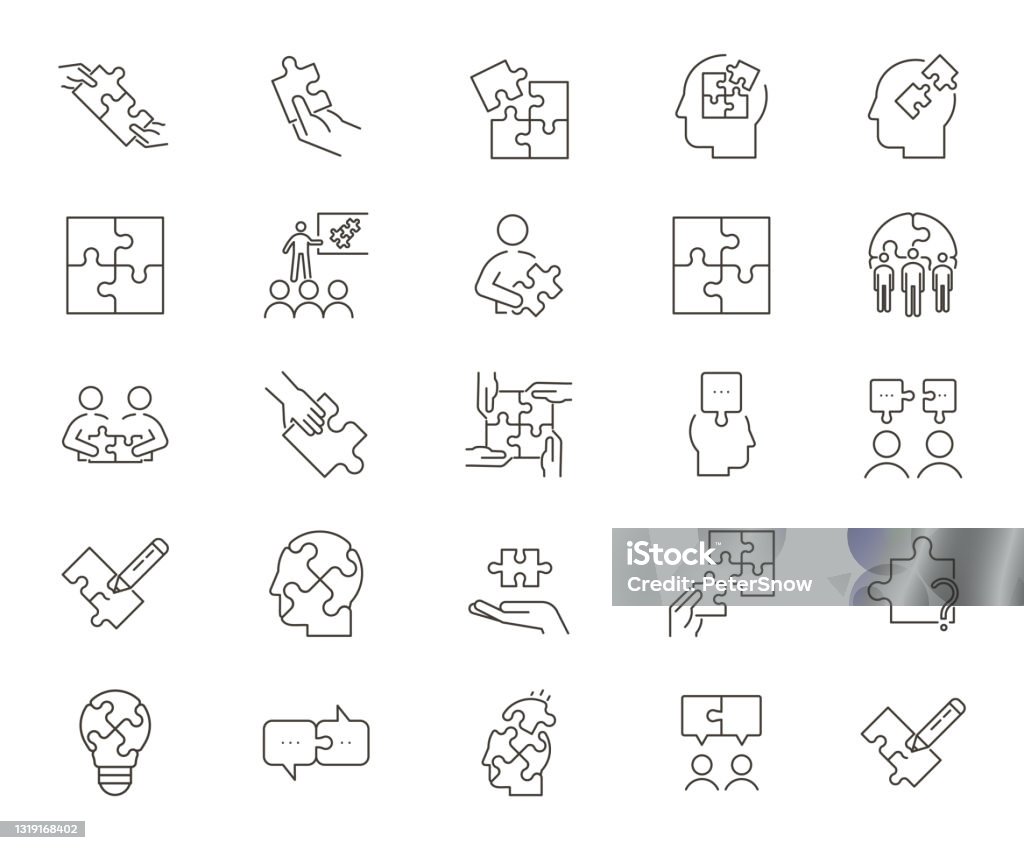 Set of 25 puzzle related icons. Vector thin line graphic elements related with solutions, business, strategies and creative problems and solutions Vector eps10 Icon stock vector