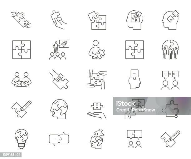 Set Of 25 Puzzle Related Icons Vector Thin Line Graphic Elements Related With Solutions Business Strategies And Creative Problems And Solutions Stock Illustration - Download Image Now
